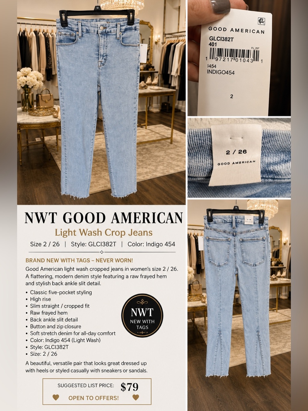Good American Women’s Light Wash Crop Jeans Size 2/26 Raw Hem Back Slit